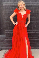 Charming A-Line Red Feather Beaded Long Prom Dress